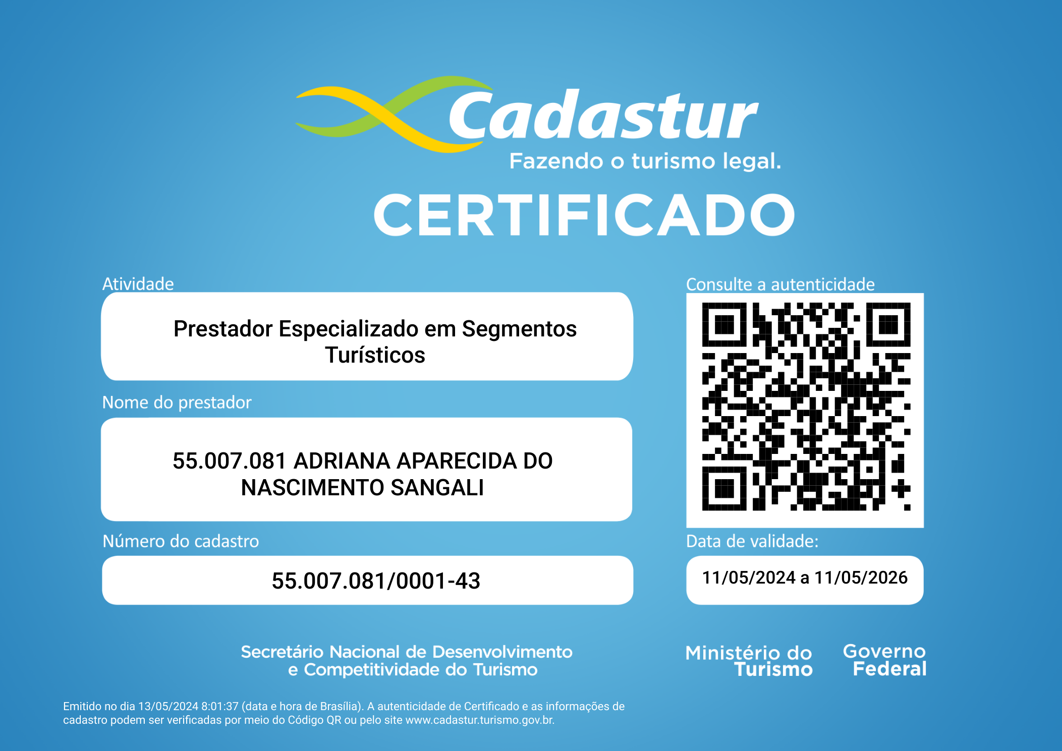 Certificado CADASTUR emitido pelo Ministério do Turismo para Adriana Aparecida do Nascimento Sangali, CNPJ 55.007.081/0001-43, válido de 11/05/2024 a 11/05/2026